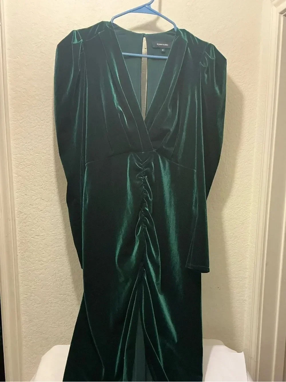 Ronny Kobo Collection Emerald Green Velvet Ruched Midi Dress $598